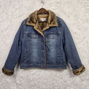Vtg Marvin Richards Coat Womens Large Denim Jean Jacket Faux‎ Fur Lined & Trim